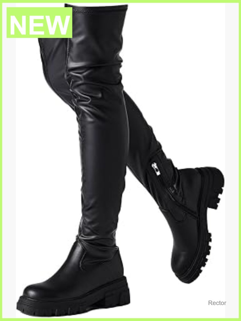 Over The Knee Boots Chunky Heel Platform Lug Sole Stretchy Faux Leather Side